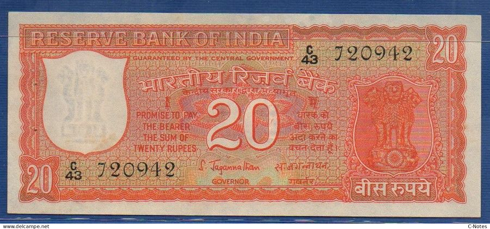 INDIA - P. 61b – 20 Rupees ND, UNC-,  Serie C43 720942 - Blank Space Under Signature - S. Jagannathan (1970) - Indien