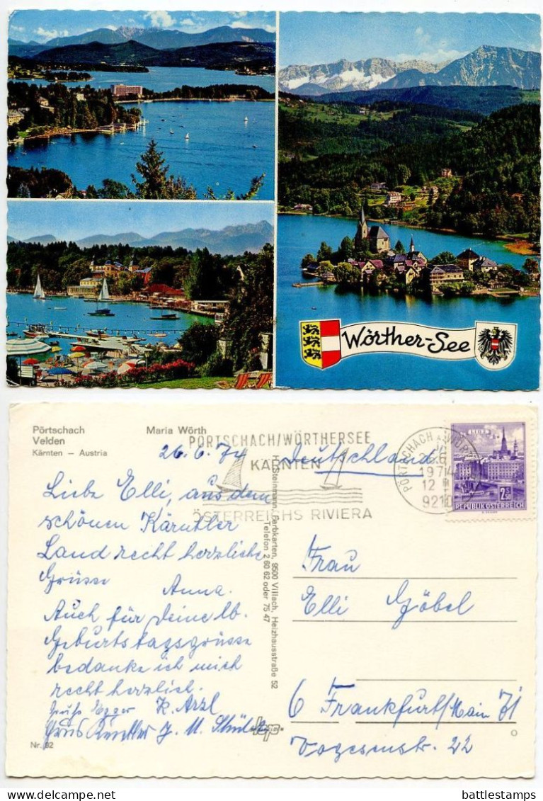 Austria 1974 Postcard Wörther-See - Pörtschach, Maria Wörth & Velden; 2.50s Danube Bridge, Linz Stamp - Pörtschach