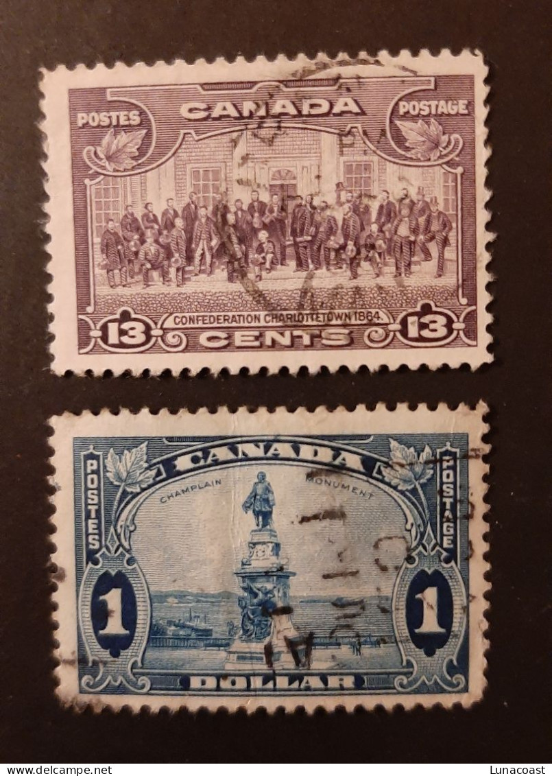 Canada 1935  USED  Sc 224 And 227,    1$ King George V Pictorial Issue, Charlottetown And Champlain Statue - Oblitérés