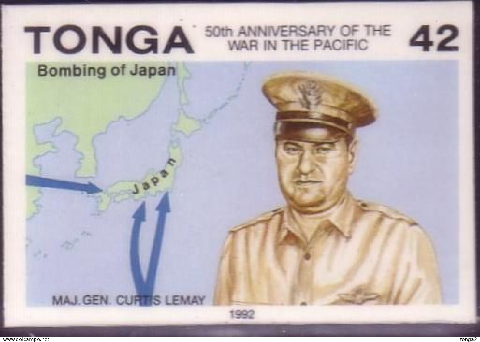 TONGA 1992 Cromalin Proof - Bombing Of Japan, Maj Gen Lemay - War Map  - 4 Exist - Tonga (1970-...)