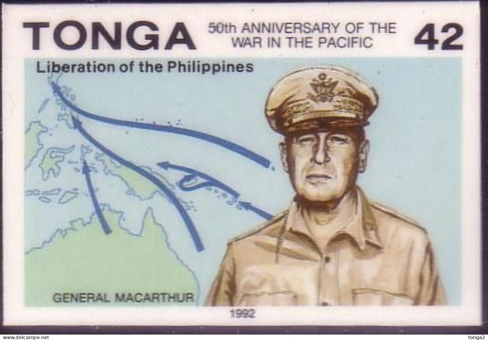 TONGA 1992 Cromalin Proof - Gen Macarthur, Liberation Of Philippines - War Map  - 4 Exist - Tonga (1970-...)