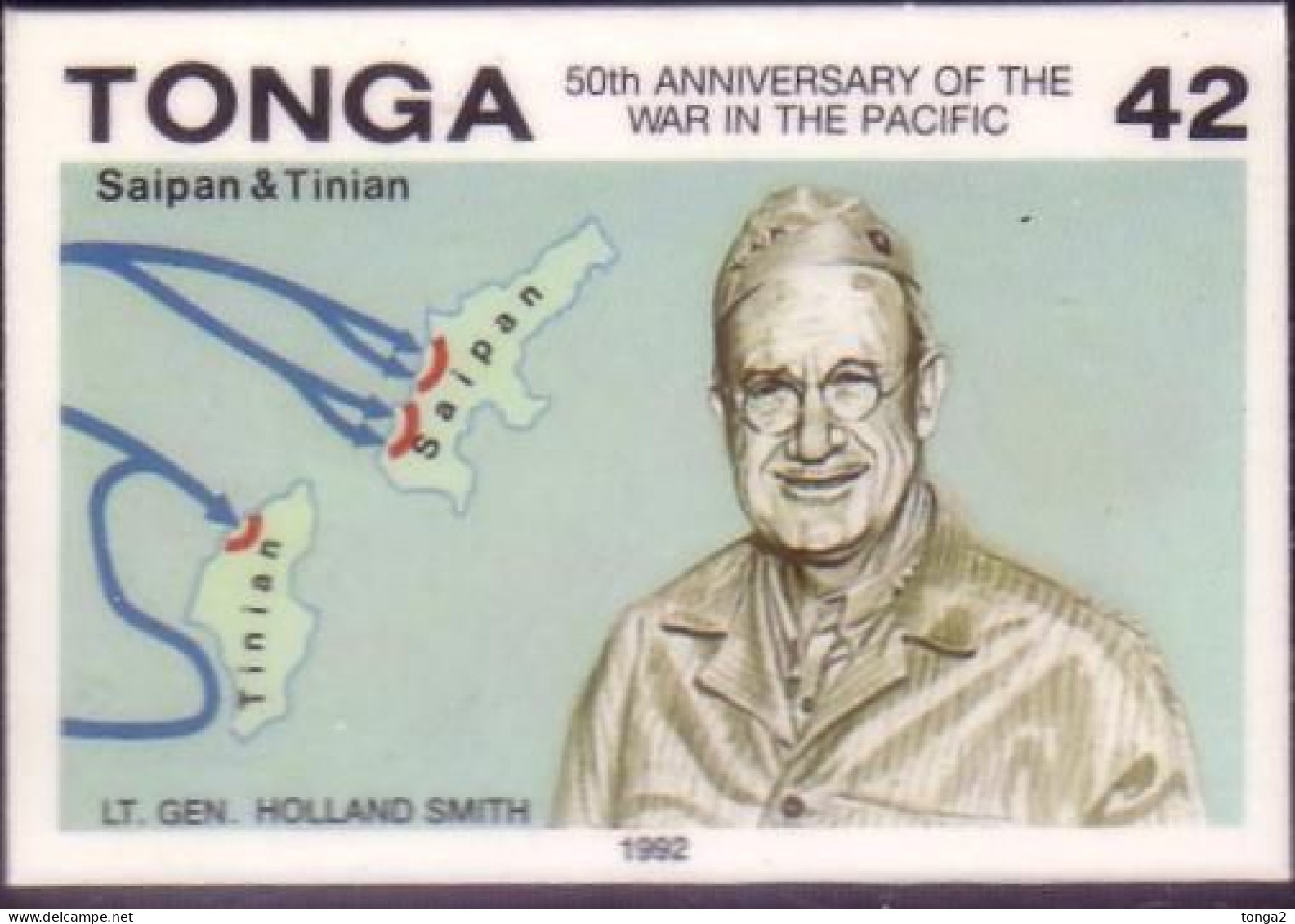 TONGA 1992 Cromalin Proof - Lt Gen Holland Smith, Saipan, Tinian - War Map  - 4 Exist - Tonga (1970-...)
