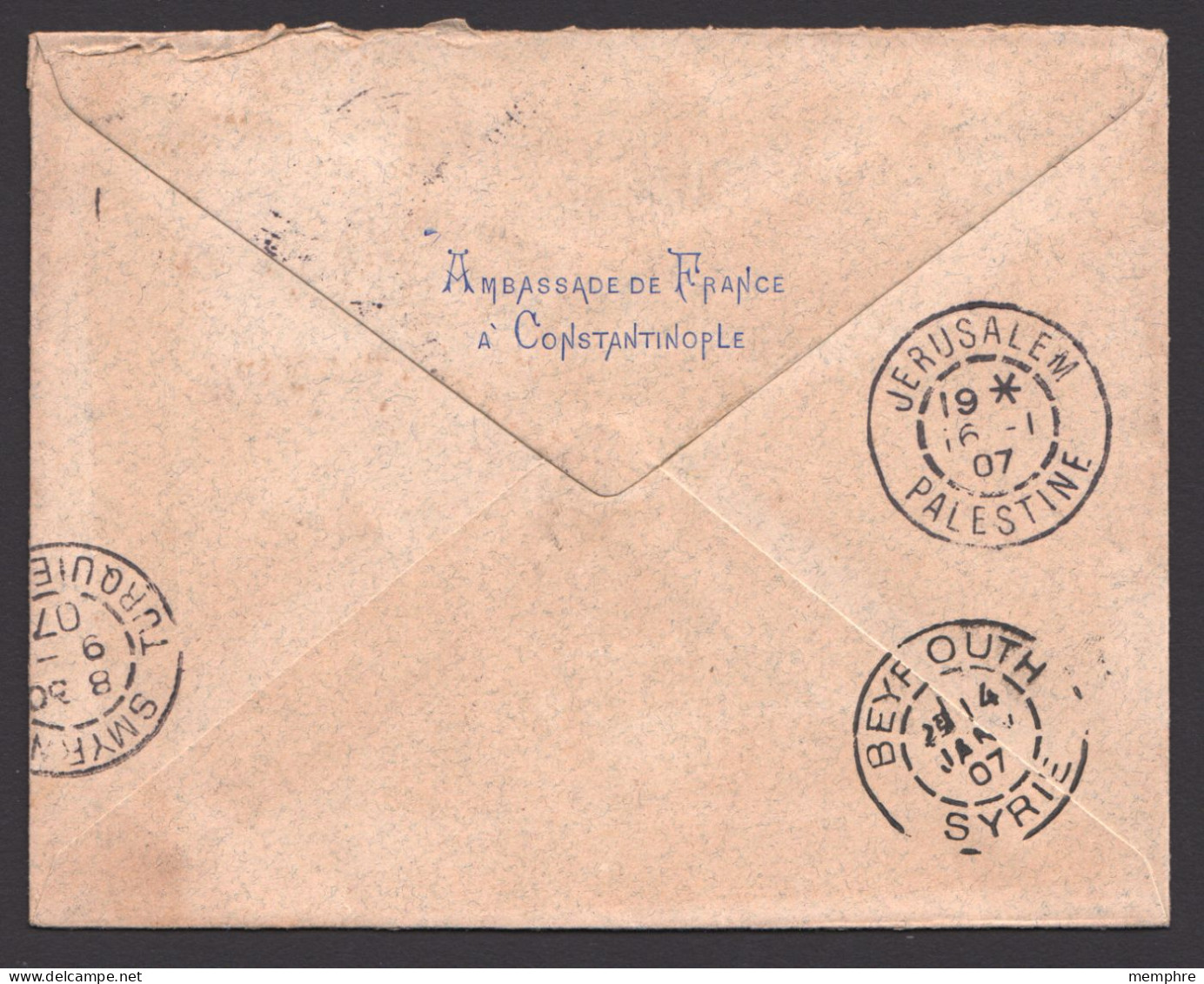 1907   Lettre De L'Ambassade De France à  Constantinople Vers Jérusalem Passage à Beyrouth Yv 17 Seul - Briefe U. Dokumente