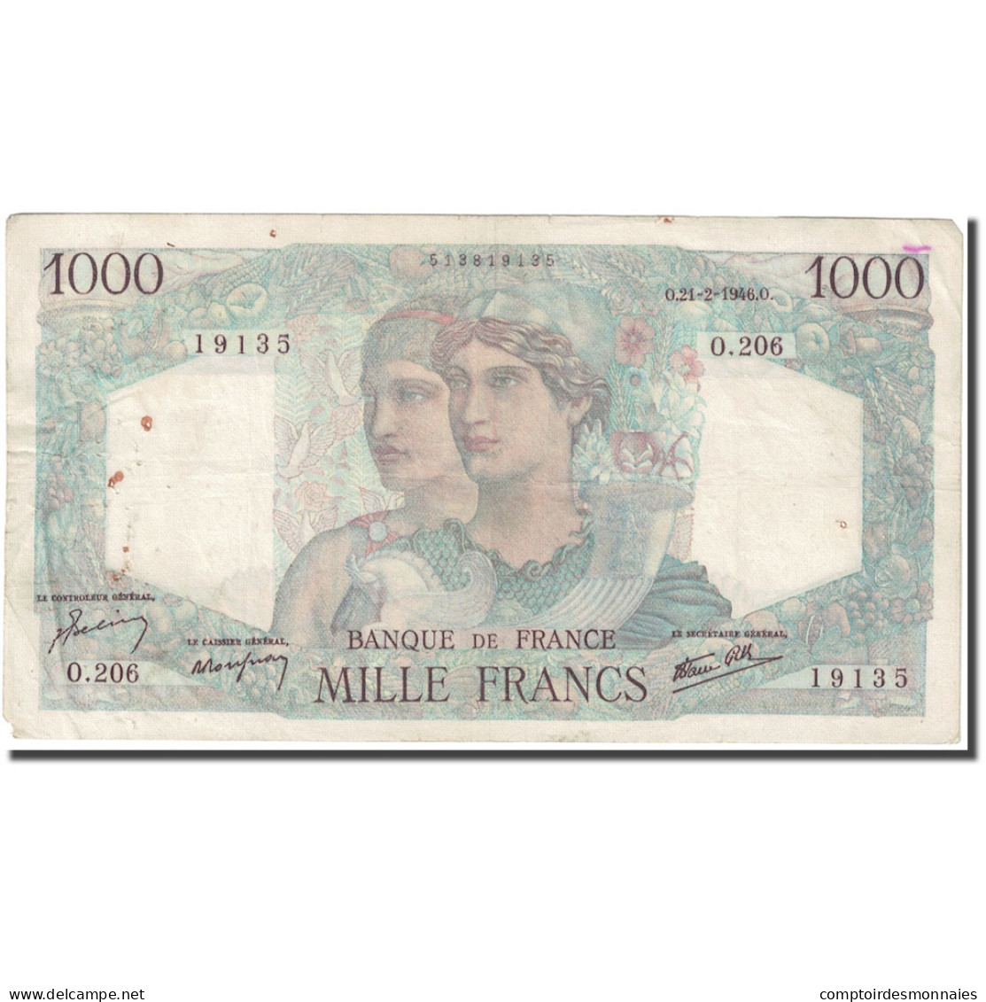 France, 1000 Francs, Minerve Et Hercule, 1946, 1946-02-21, TB, Fayette:41.11 - 1 000 F 1945-1950 ''Minerve Et Hercule''