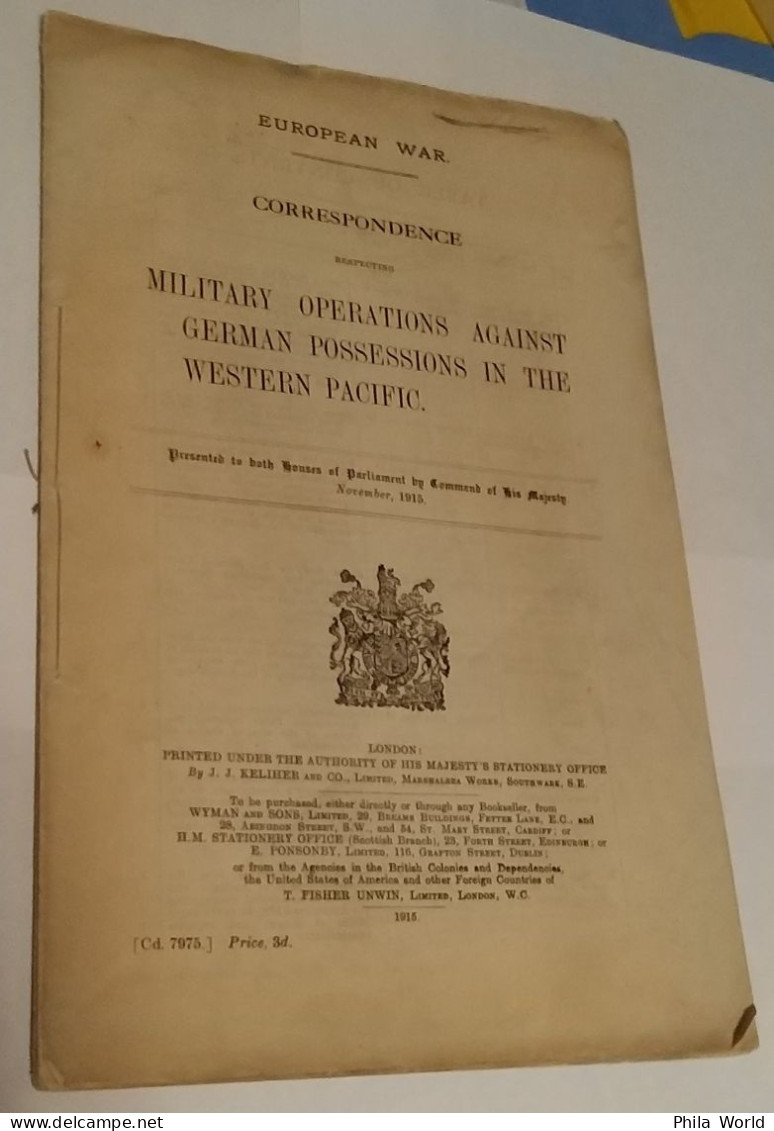 WW1 European War Correspondence MILITARY OPERATIONS AGAINST GERMAN POSSESSIONS IN THE WESTERN PACIFIC 1915 - Inglese