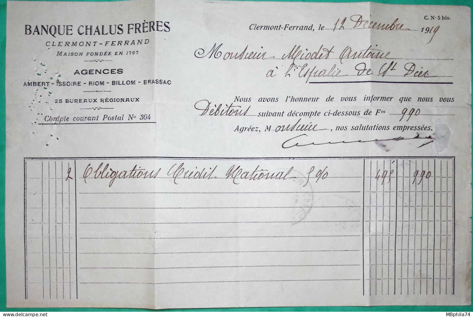 N°130 SEMEUSE PERFORE C.F. BANQUE CHALUS FRERES CLERMONT FERRAND PUY DE DOME POUR ST DIER 1919 LETTRE COVER FRANCE - Covers & Documents