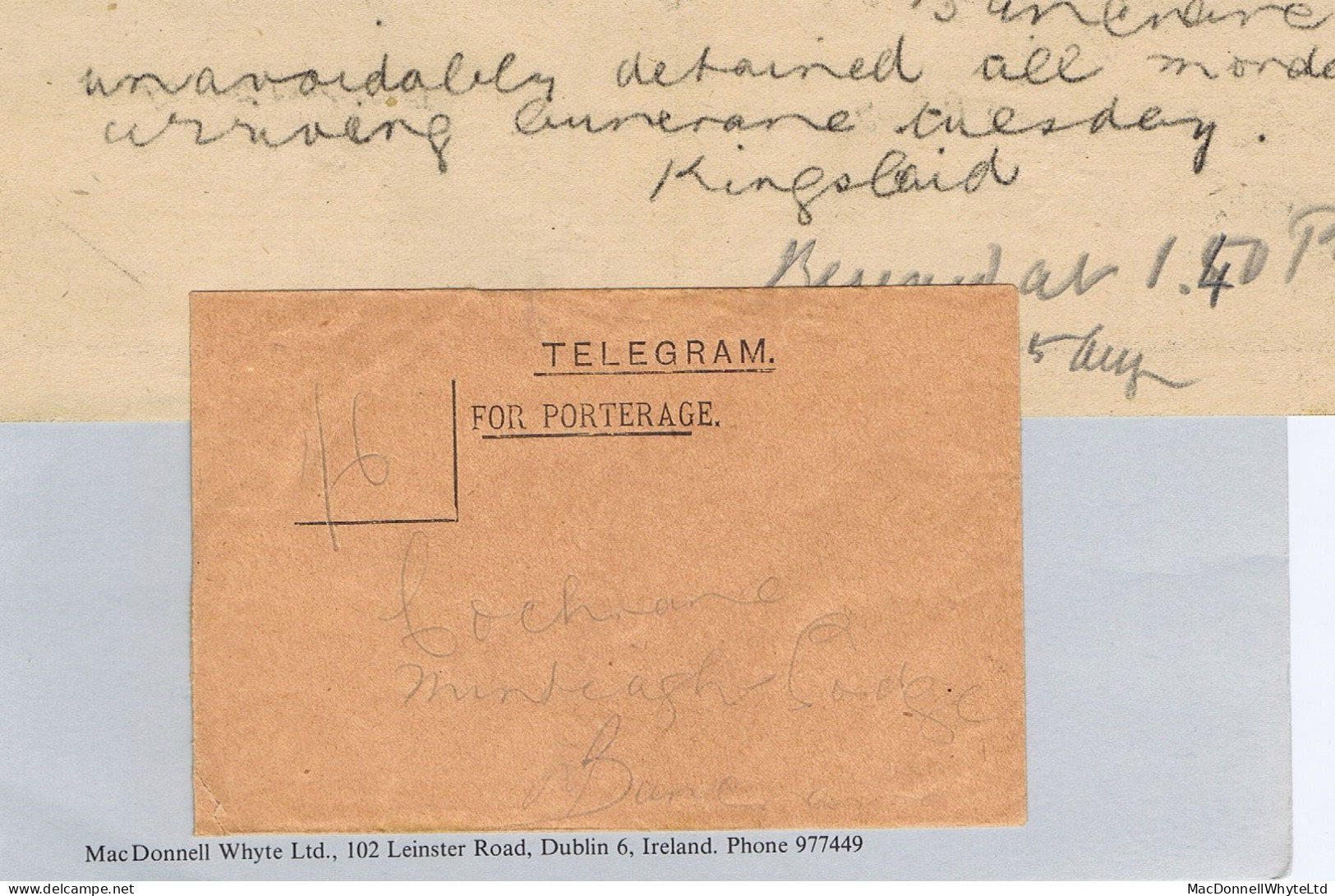 Ireland Telegraphs Tipperary Donegal 1903 TELEGRAM In Env Dromineer To Buncrana With BUNCRANA AU 15 03 Cds - Other & Unclassified