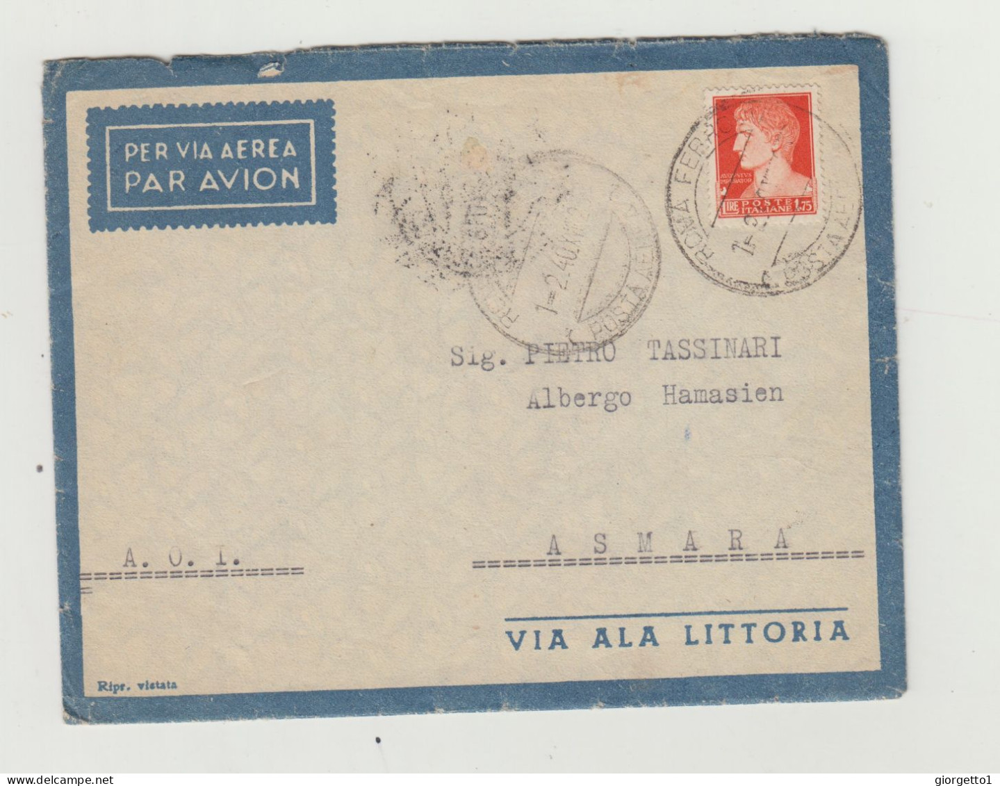 BUSTA CON LETTERA - VIA ALA LITTORIA - ERITREA VIAGGIATA  NEL 1940 VERSO ASMARA DA ROMA WW2 A.O.I.- COLONIA ERITREA - Marcofilía (Aviones)