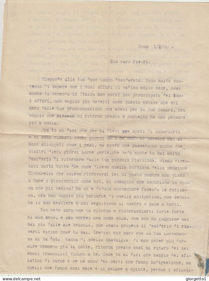 BUSTA CON LETTERA - VIA ALA LITTORIA - ERITREA VIAGGIATA  NEL 1940 VERSO ASMARA DA ROMA WW2 A.O.I.- COLONIA ERITREA - Marcophilie (Avions)