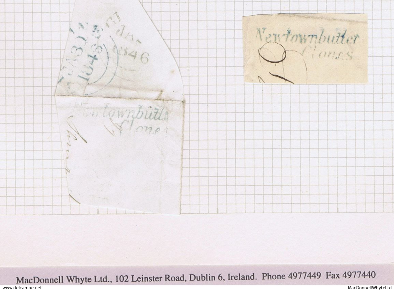 Ireland Monaghan 1846 Piece With Italic "Newtownbutler/Clones" Type 3C RH Marking, Plus Another Strike On Small Piece - Prefilatelia