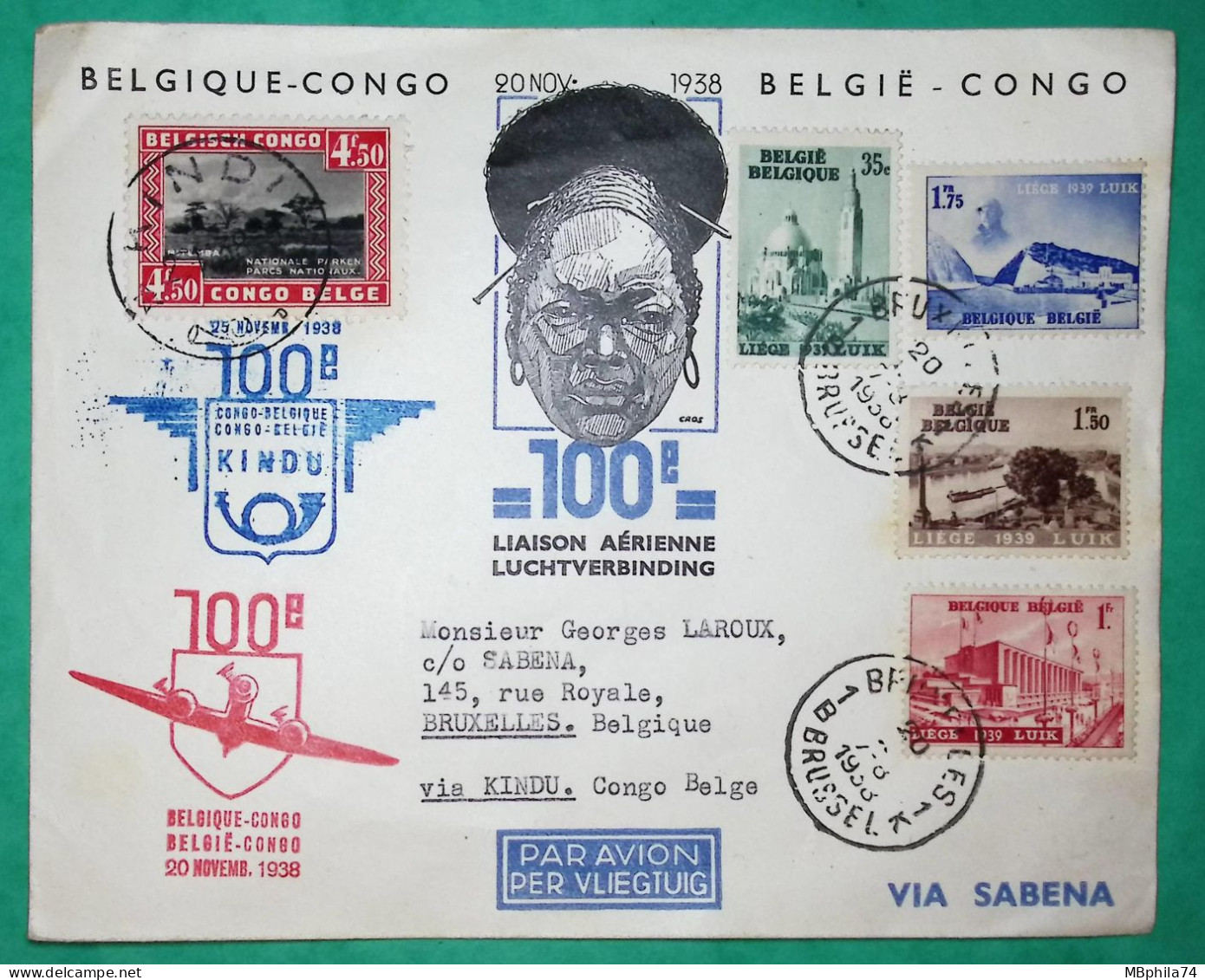 100ème LIAISON AERIENNE CONGO BELGE KINDU BRUXELLES LETTRE PAR AVION 20 NOVEMBRE 1938 COVER - Storia Postale