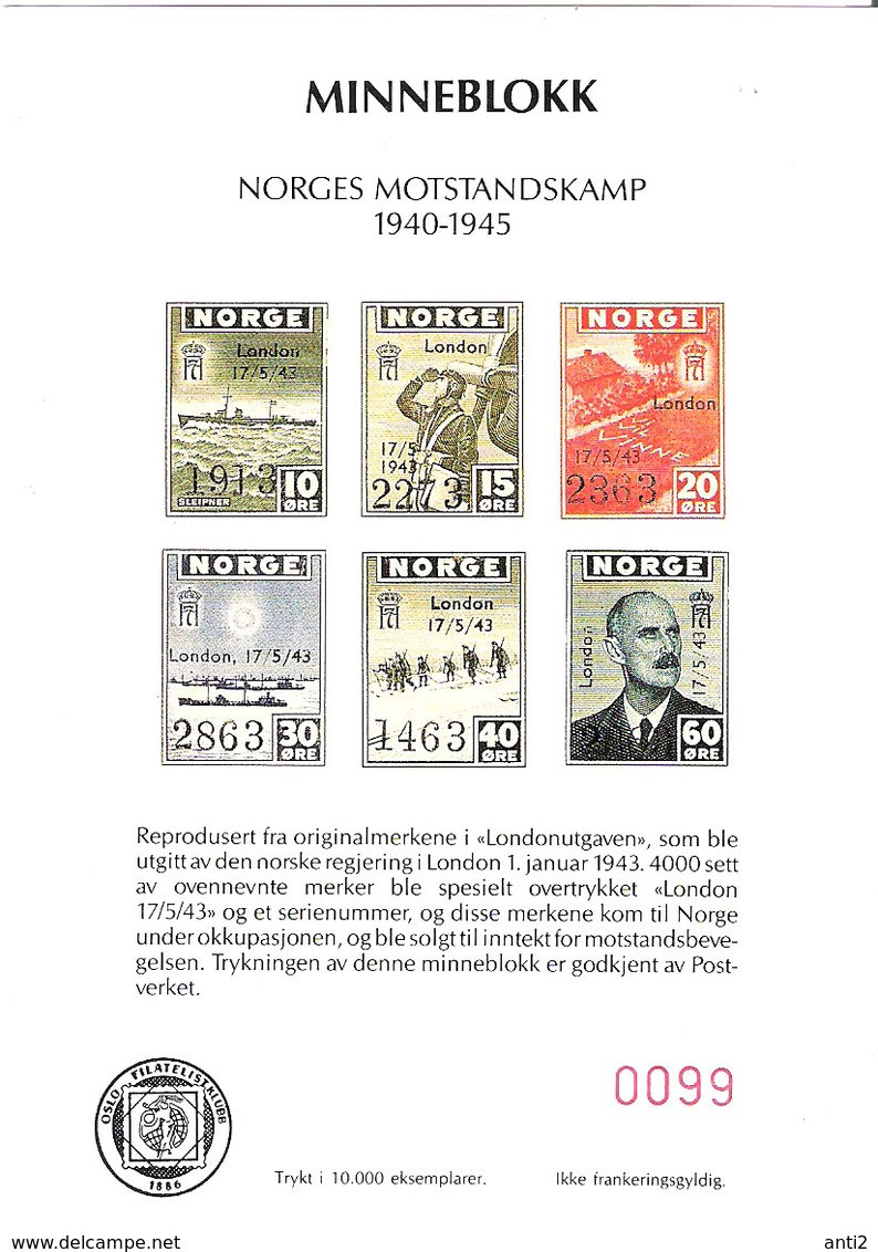 Norway Norge  Souvenir Bloc, Memory For Stamps For Norway's Resistance Battle 1940-1945, Mint - Unused Stamps