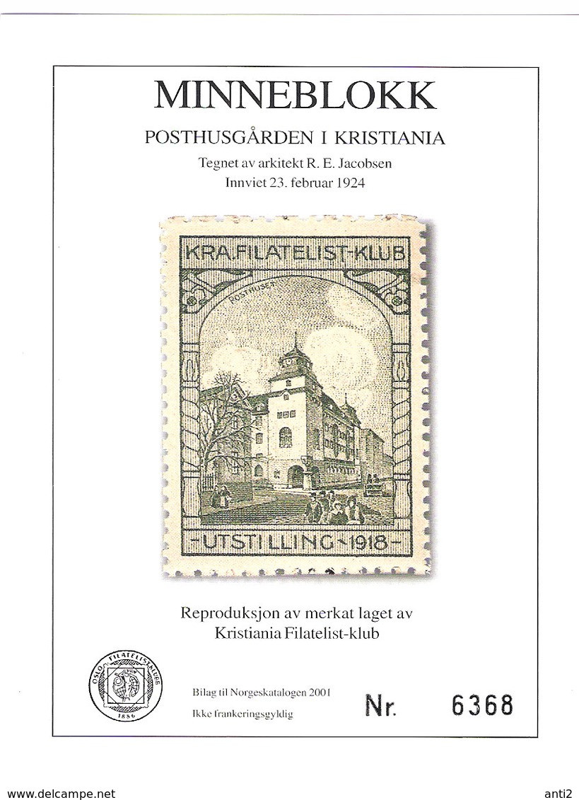 Norway Norge 2001 Souvenir Bloc, Posthusgården In Kristiania, Mint - Lettres & Documents