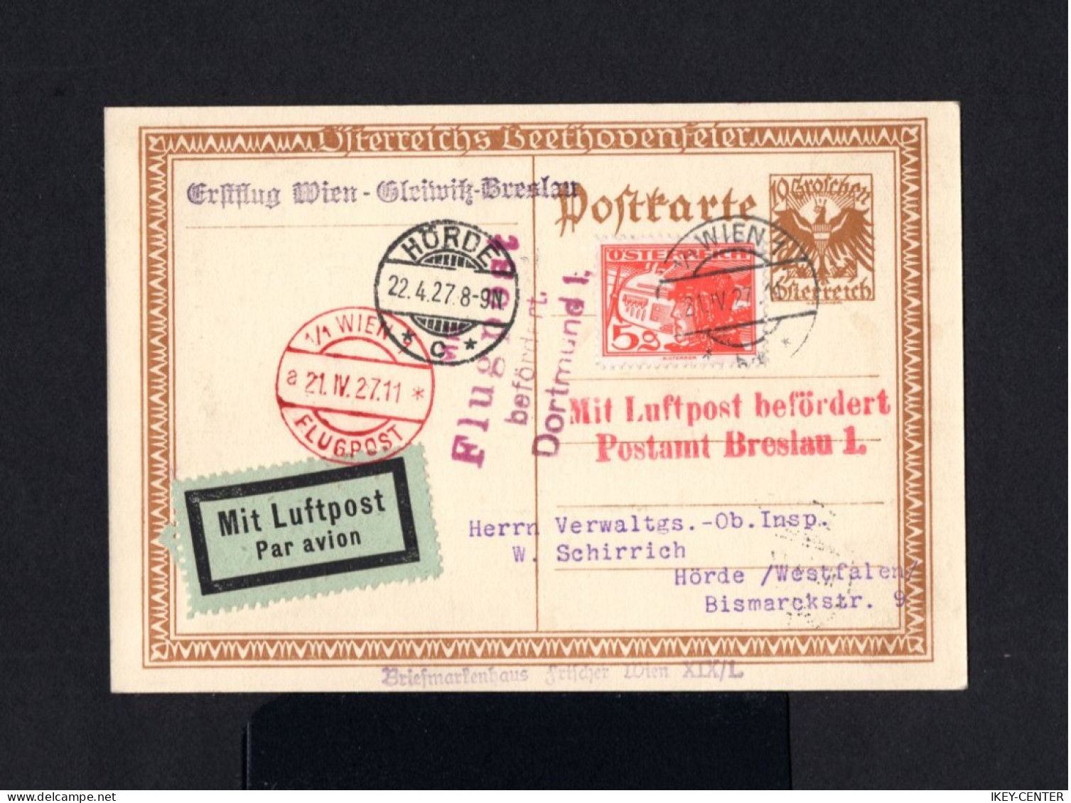 K646-AUSTRIA-AIRMAIL POSTCARD VIENNA To HORDE (germany).1927.Osterreich.AUTRICHE.carte Postale.POSTKARTE - Lettres & Documents