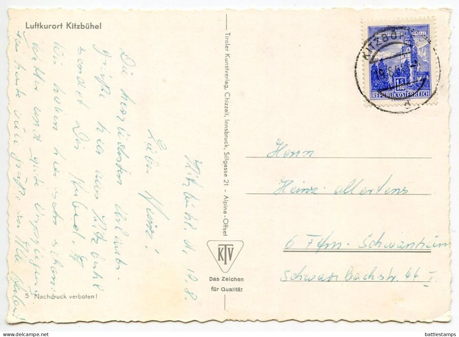 Austria 1960's Postcard  Luftkurort Kitzbühel - Climatic Health Resort; 1.80s The Mint, Hall, Tyrol Stamp - Kitzbühel