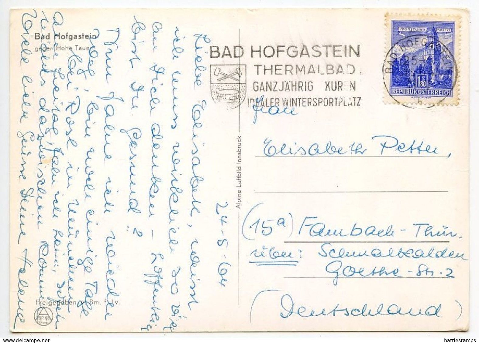 Austria 1964 Postcard Bad Hofgastein - Panoramic View; 1.80s The Mint, Hall, Tyrol Stamp; Slogan Cancel - Bad Hofgastein