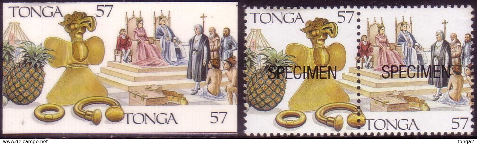 Tonga 1992 Cromalin Proof Pair - Columbus Returns To Spain With Pineapple, Gold - 4 Exist - Christoph Kolumbus