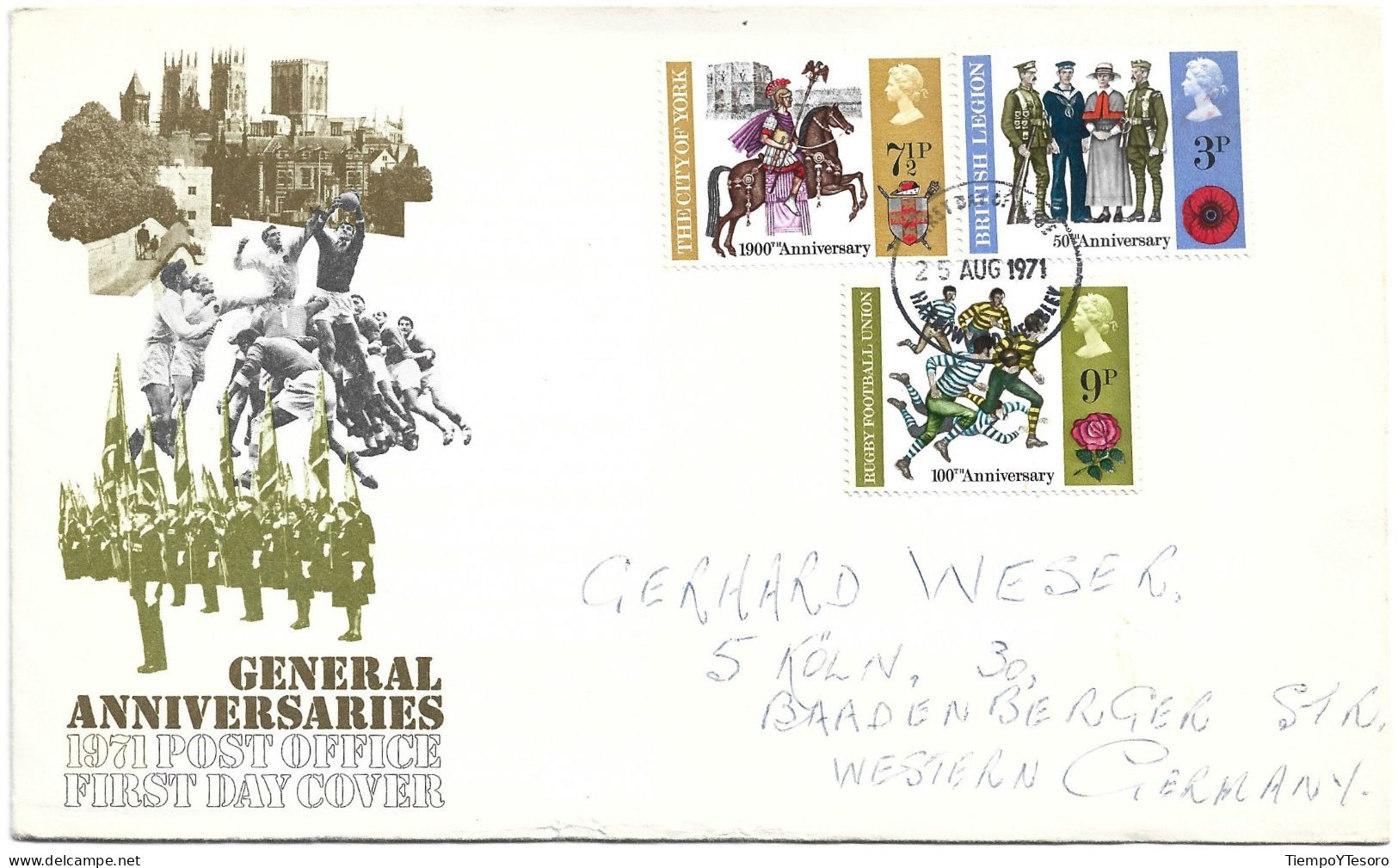 First Day Cover - General Anniversaries, 1971, England To Germany N°863 - 1971-1980 Decimale  Uitgaven