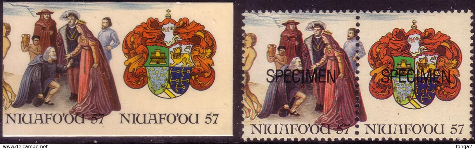 Tonga Niuafo'ou 1992 Cromalin Proof Pair + Specimen - Columbus Returns To King And Queen Of Spain + Coat Arms - 4 Exist - Christophe Colomb