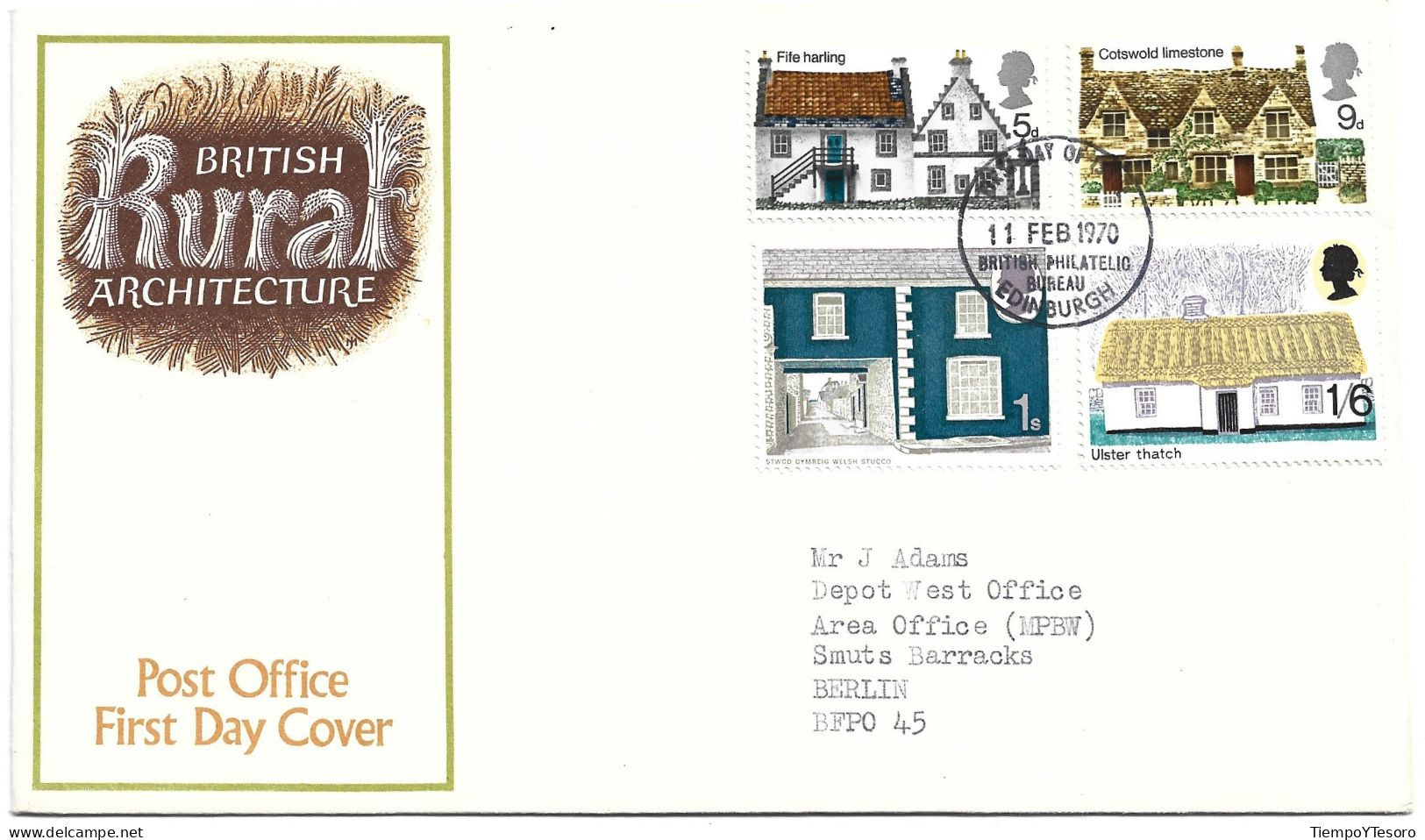 First Day Cover - British Architecture, 1970, England To Germany N°864 - 1952-1971 Pre-Decimal Issues