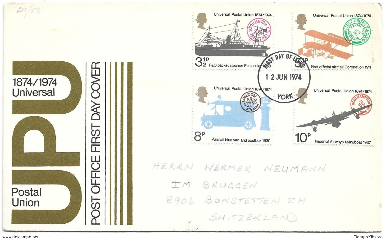 First Day Cover - UPU, 1974, England To Switzerland N°867 - 1971-1980 Decimale  Uitgaven