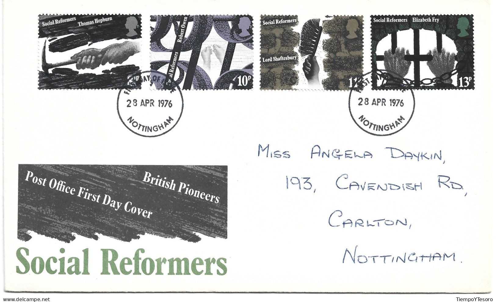 First Day Cover - Social Reformers, 1976, England, N°868 - 1971-1980 Dezimalausgaben
