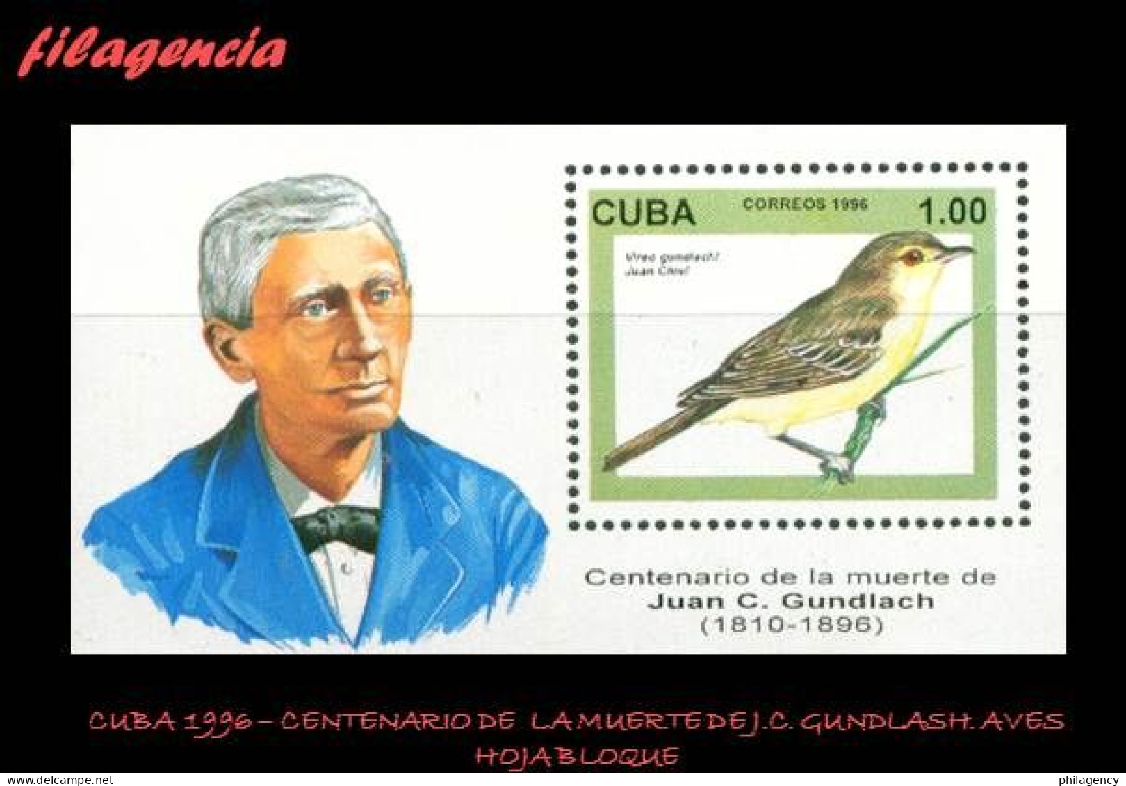 CUBA MINT. 1996-07 CENTENARIO DE LA MUERTE DE J.C. GUNDLASH. FAUNA. AVES. HOJA BLOQUE - Nuevos