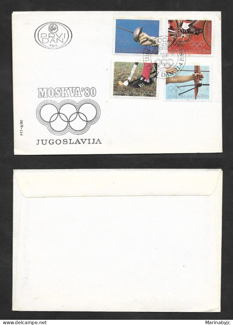 SD)1980 YUGOSLAVIA  FIRST DAY COVER, OLYMPIC GAMES- MOSCOW, FENCING, CYCLING, FIELD HOCKEY & ARCHERY, XF - Jugoslawien