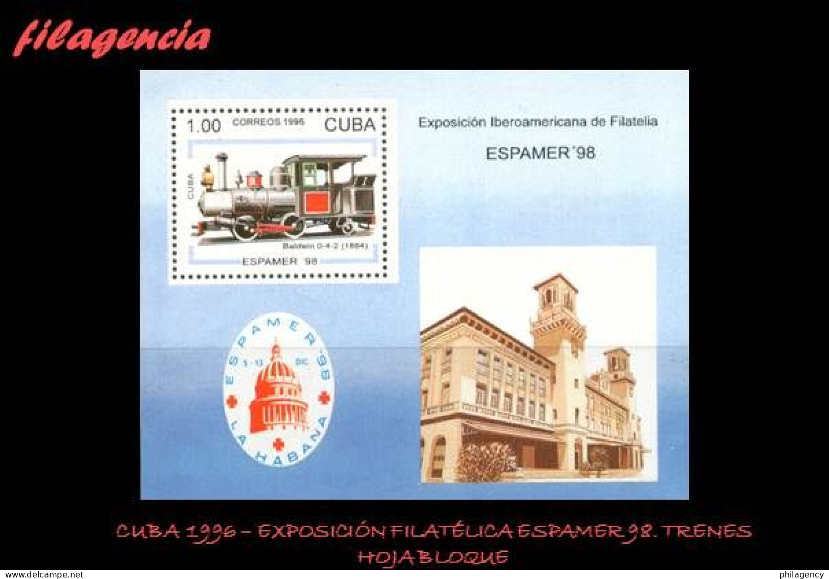 CUBA MINT. 1996-24 EXPOSICION FILATÉLICA ESPAMER 98. TRENES. HOJA BLOQUE - Unused Stamps