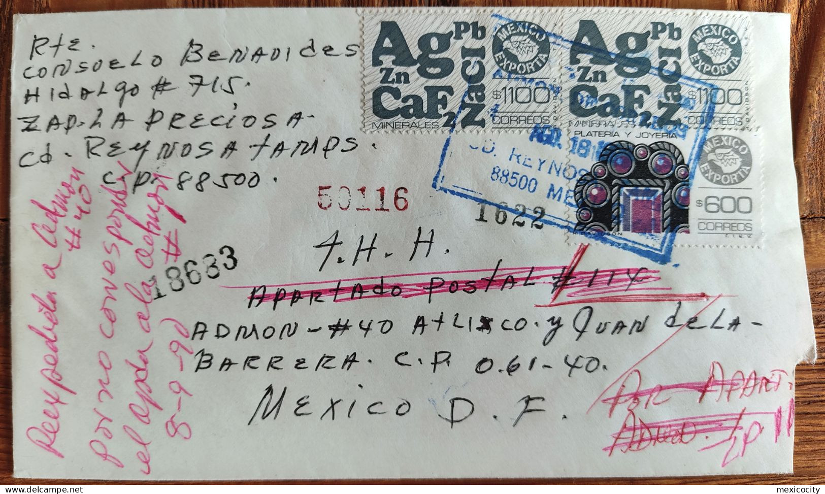 MEXICO 1990 COVER W/ EXPORTA Issue $1100 MINERALS & $600 JEWELRY Stamps Regd. Natl. Letter Rate, Rare Usage To Find - Mexico