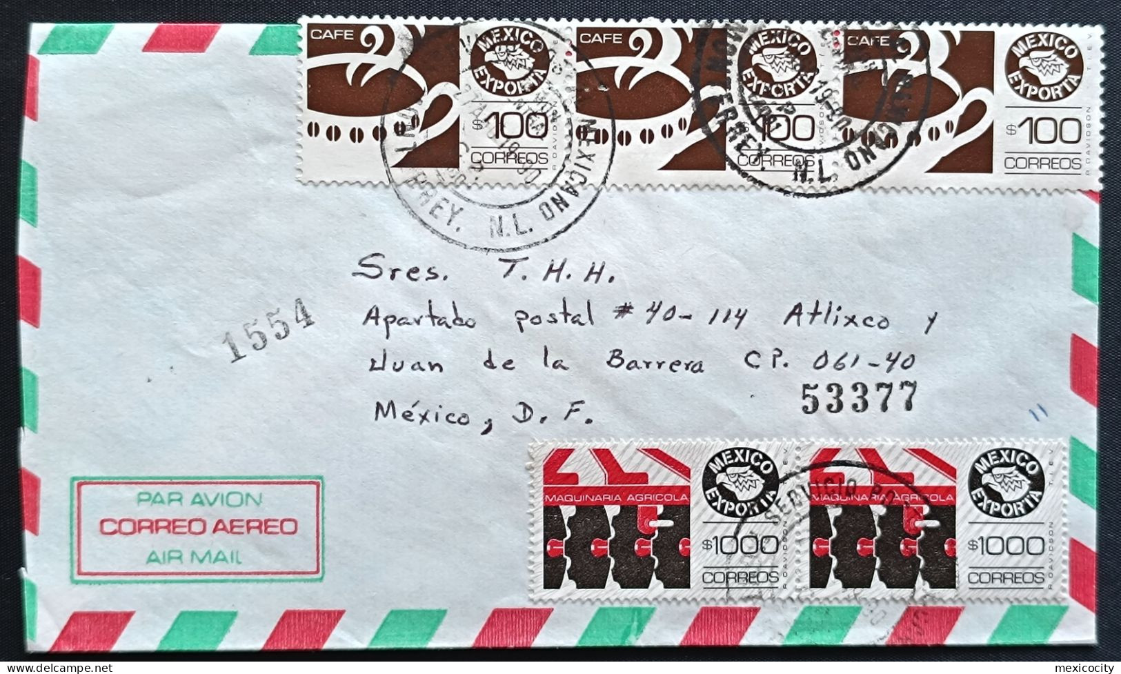 MEXICO 1990 COVER W/ EXPORTA Issue COFFEE & FARM MACHINERY Stamps Regd. Natl. Letter Rate, Rare Usage To Find - Mexico