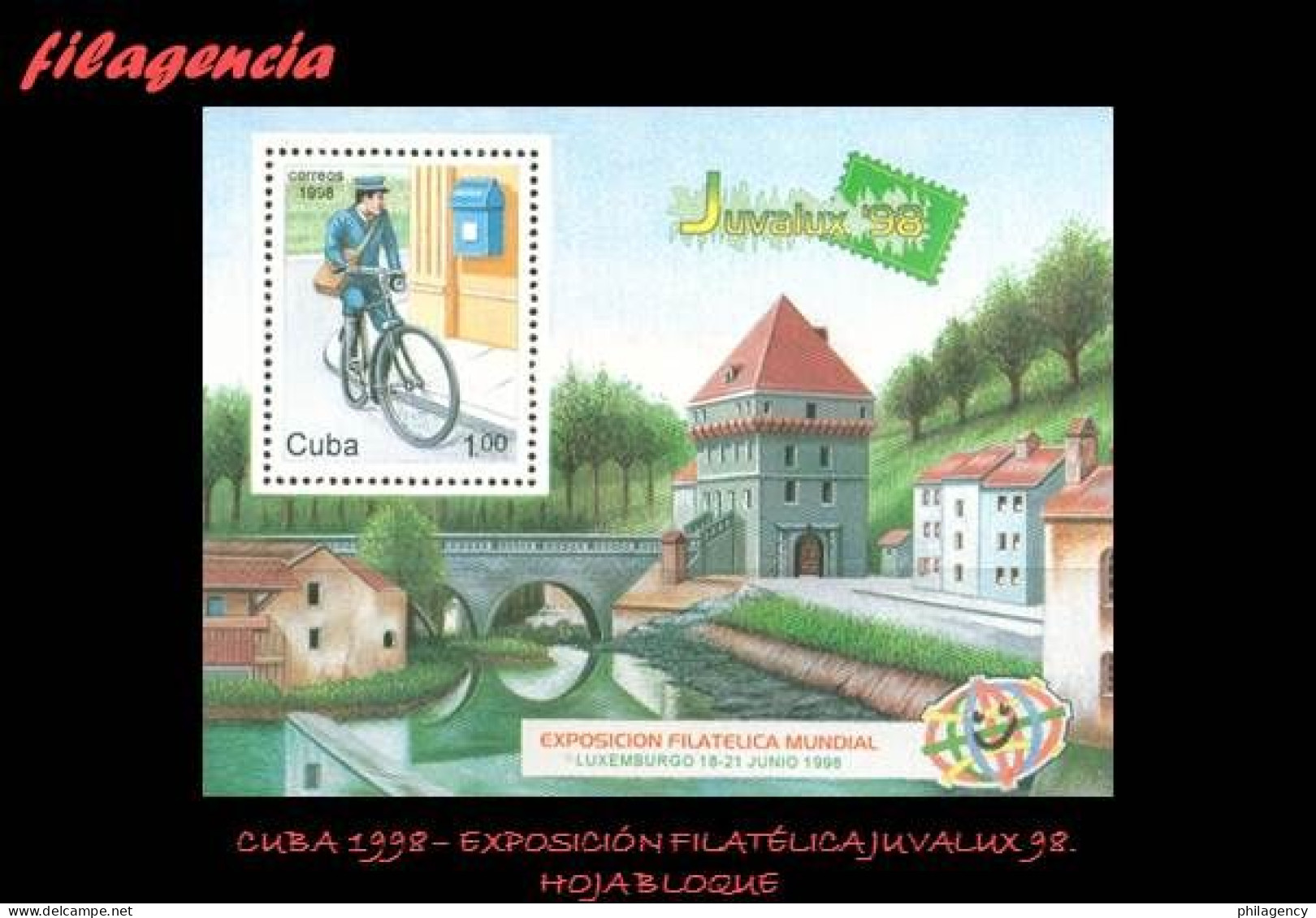 CUBA MINT. 1998-13 EXPOSICIÓN FILATÉLICA JUVALUX 98. CARTERO EN BICICLETA. HOJA BLOQUE - Unused Stamps