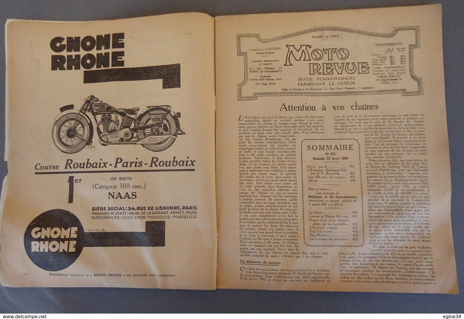 Revue - MOTO-REVUE - No 370 12 Avril 1930 - Motos -Sidecars - Cyclecars Et Voiturettes - La 306 Cmc Gnome-Rhône - Moto