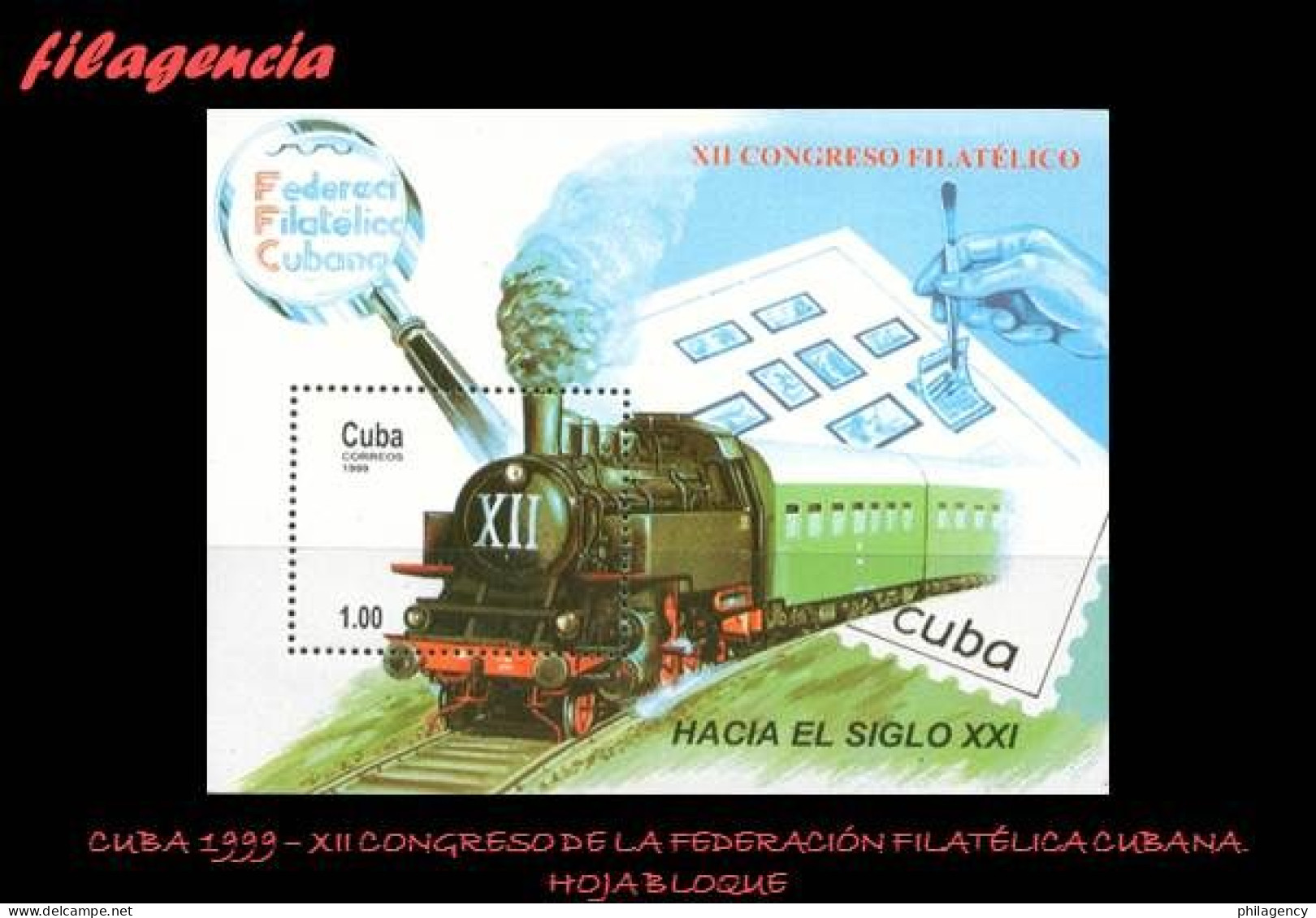 CUBA MINT. 1999-28 XII CONGRESO DE LA FEDERACIÓN FILATÉLICA CUBANA. TRENES. HOJA BLOQUE - Unused Stamps