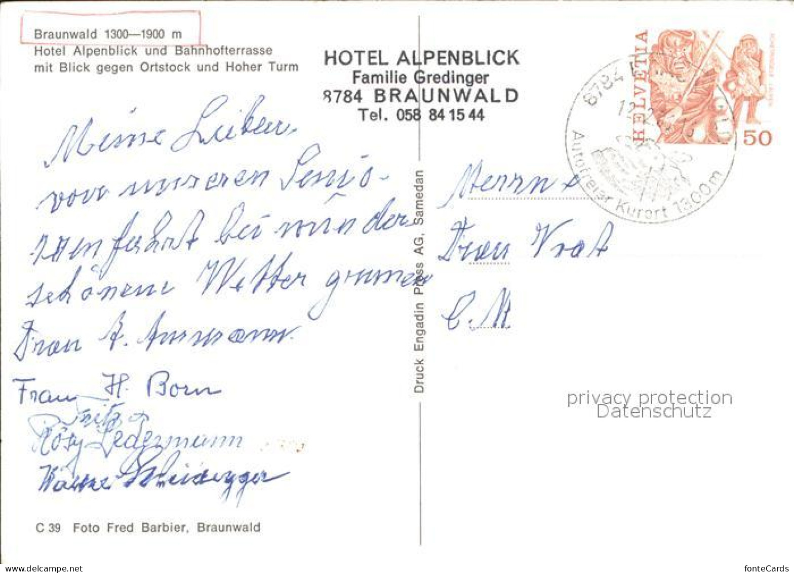 12219689 Braunwald GL Hotel Alpenblick Bahnhofterrasse Ortstock Hoher Turm Schwe - Autres & Non Classés