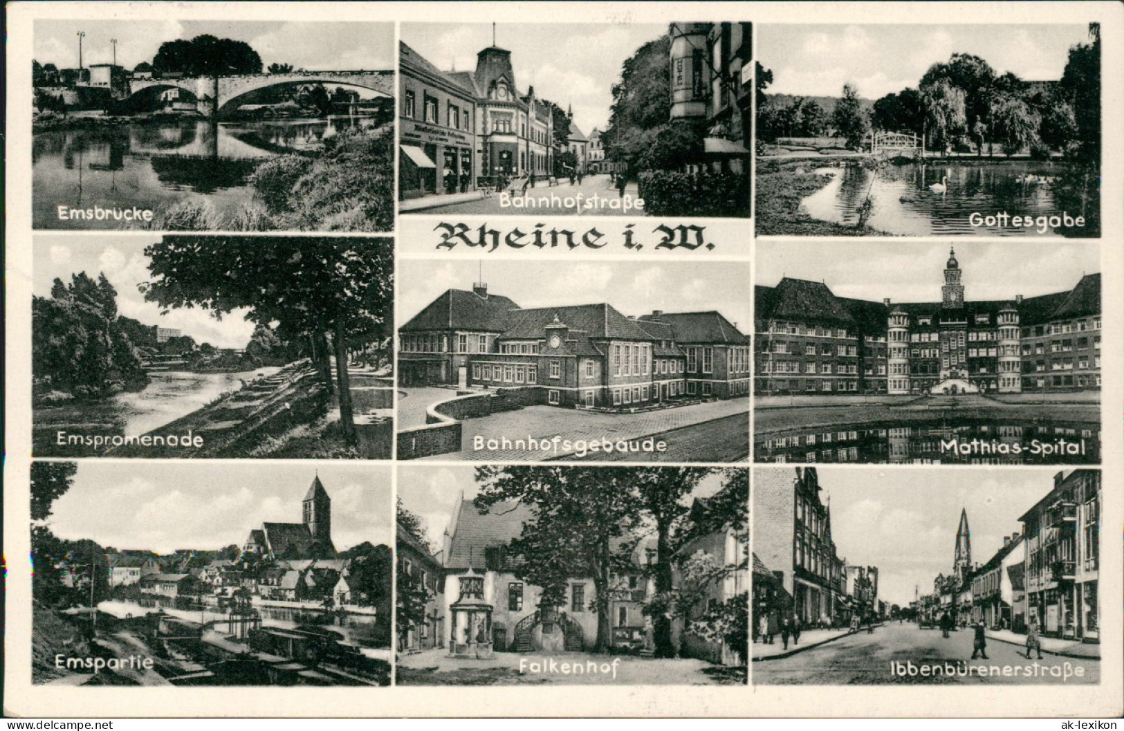 Ansichtskarte Rheine Westfalen Emsbrücke, Bahnhof, Bahnhofstraße U.a. 1956 - Rheine