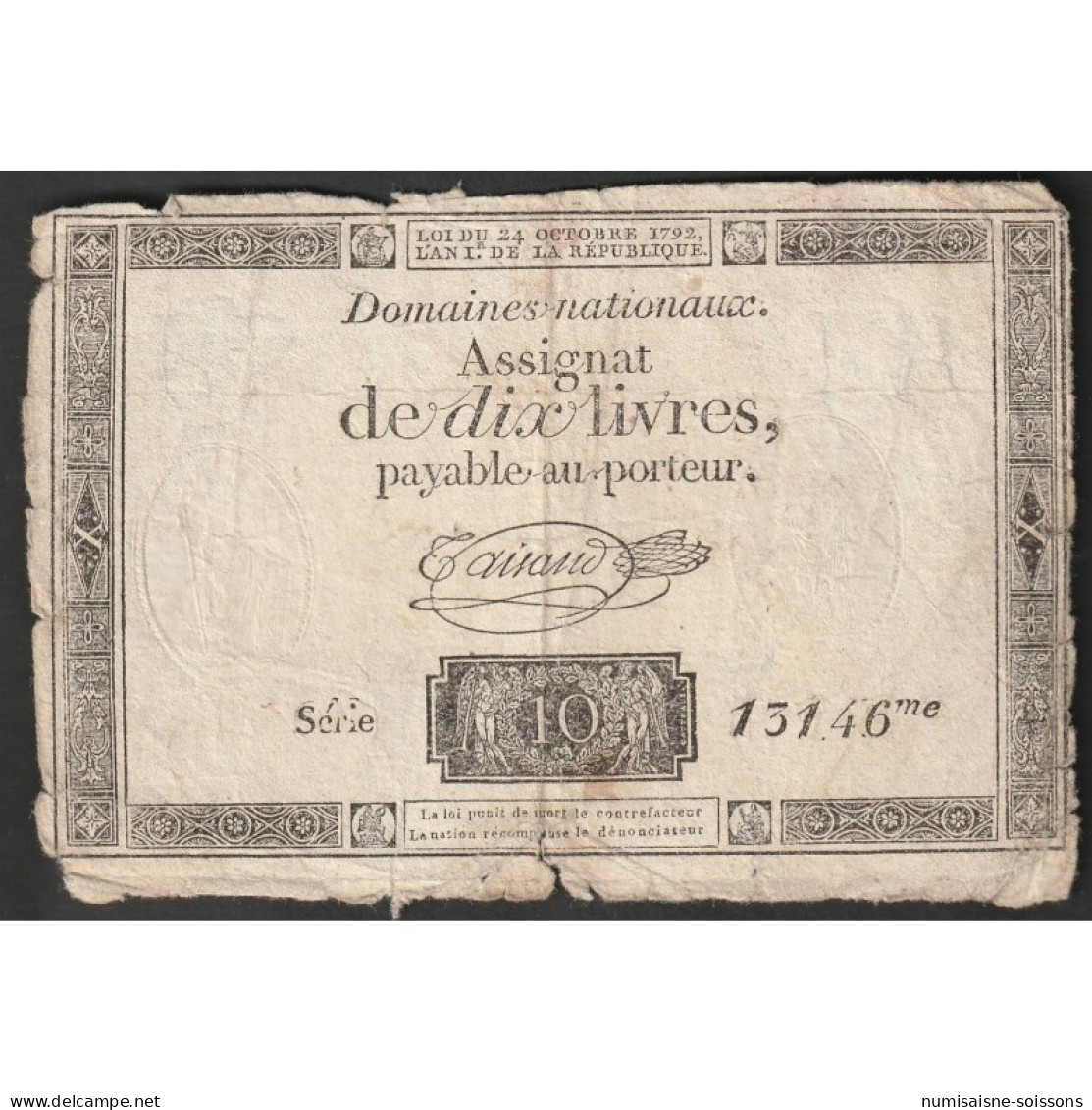 ASSIGNAT DE 10 LIVRES - 24/10/1792 - DOMAINES NATIONAUX - SERIE 13146 - TB - Assegnati