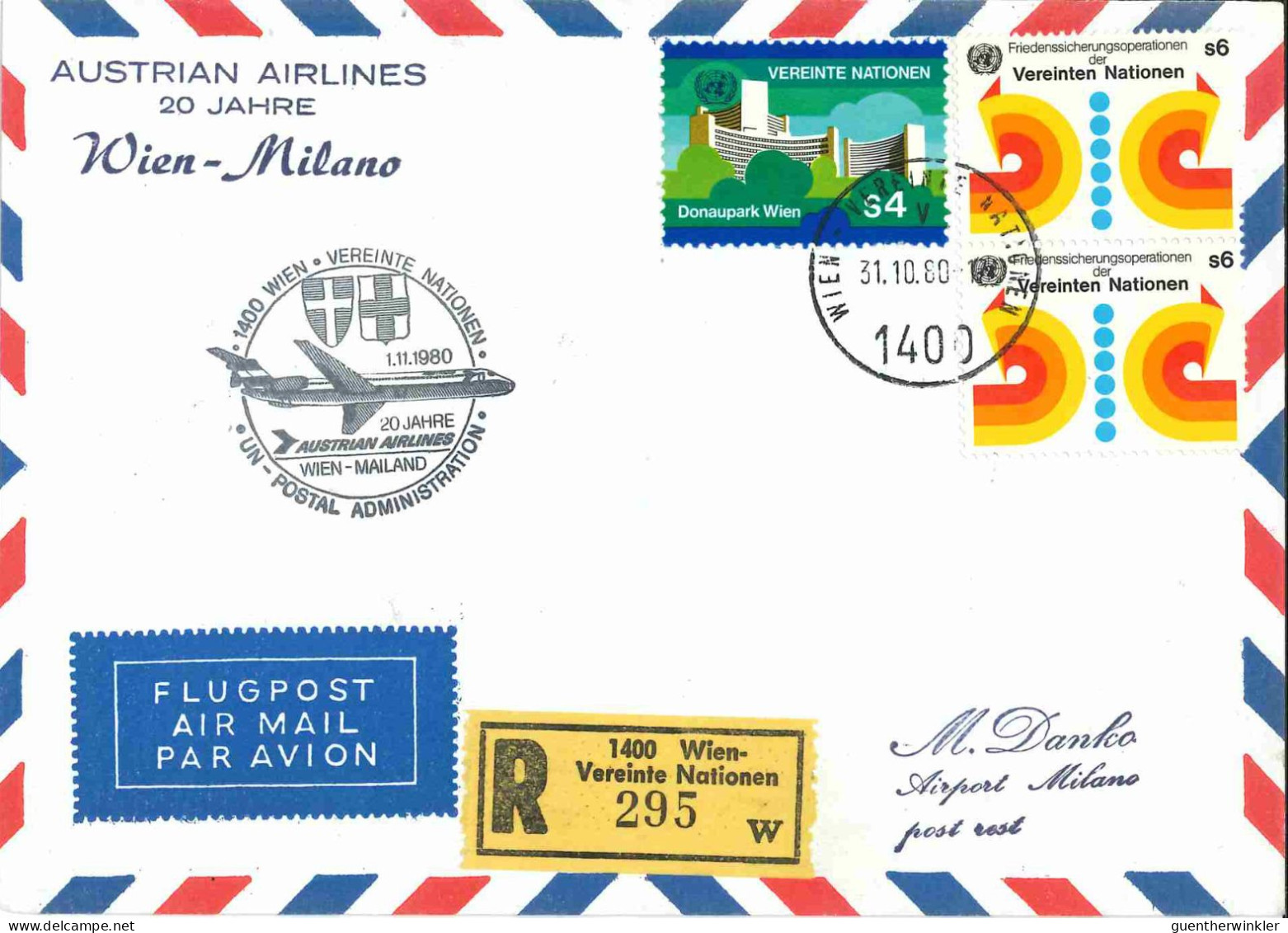 UNO Luftpostbrief Reco Austrian Airlines 20 Jahre WIEN-MILANO [20J_W-MReco] - Premiers Vols