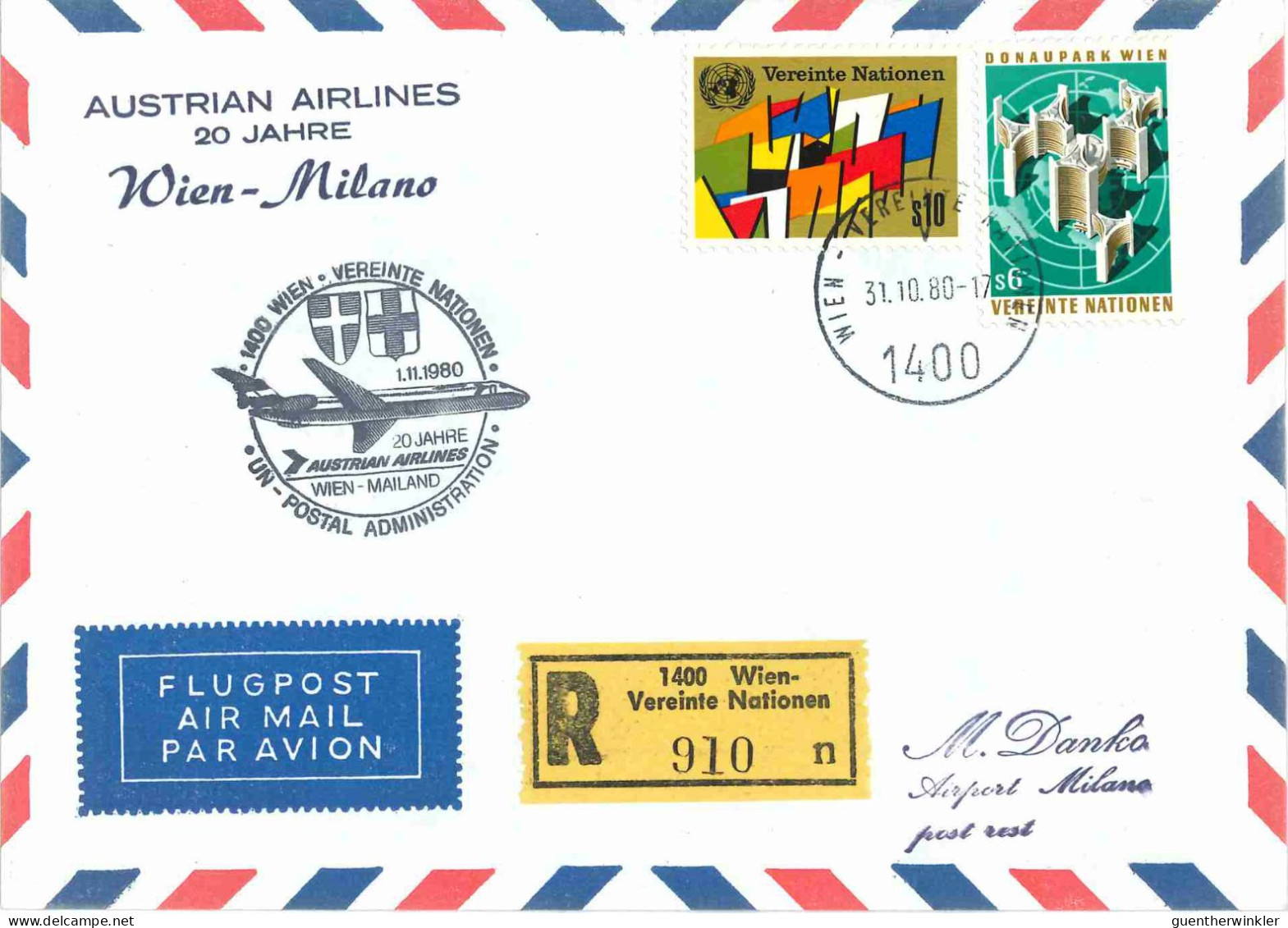 UNO Luftpostbrief Reco Austrian Airlines 20 Jahre WIEN-MILANO [20J_W-MReco2] - First Flight Covers