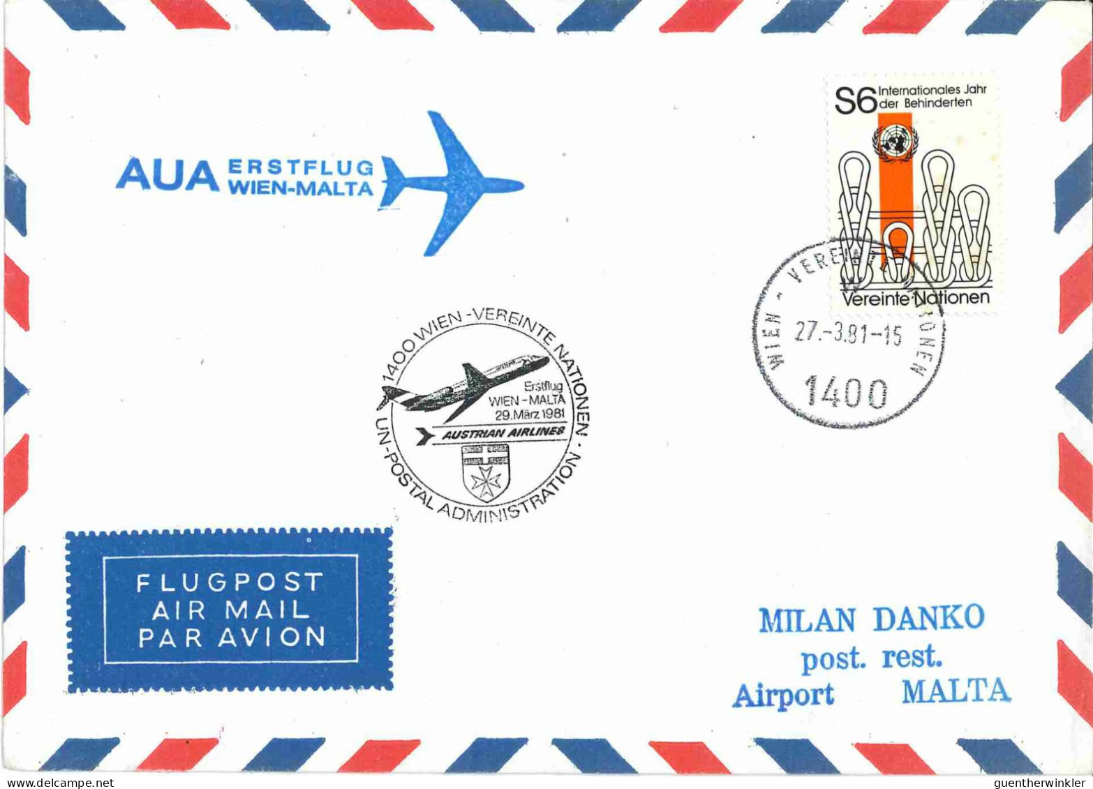 UNO Luftpostbrief AUA Erstlug WIEN-MALTA [EF_W-M] - First Flight Covers