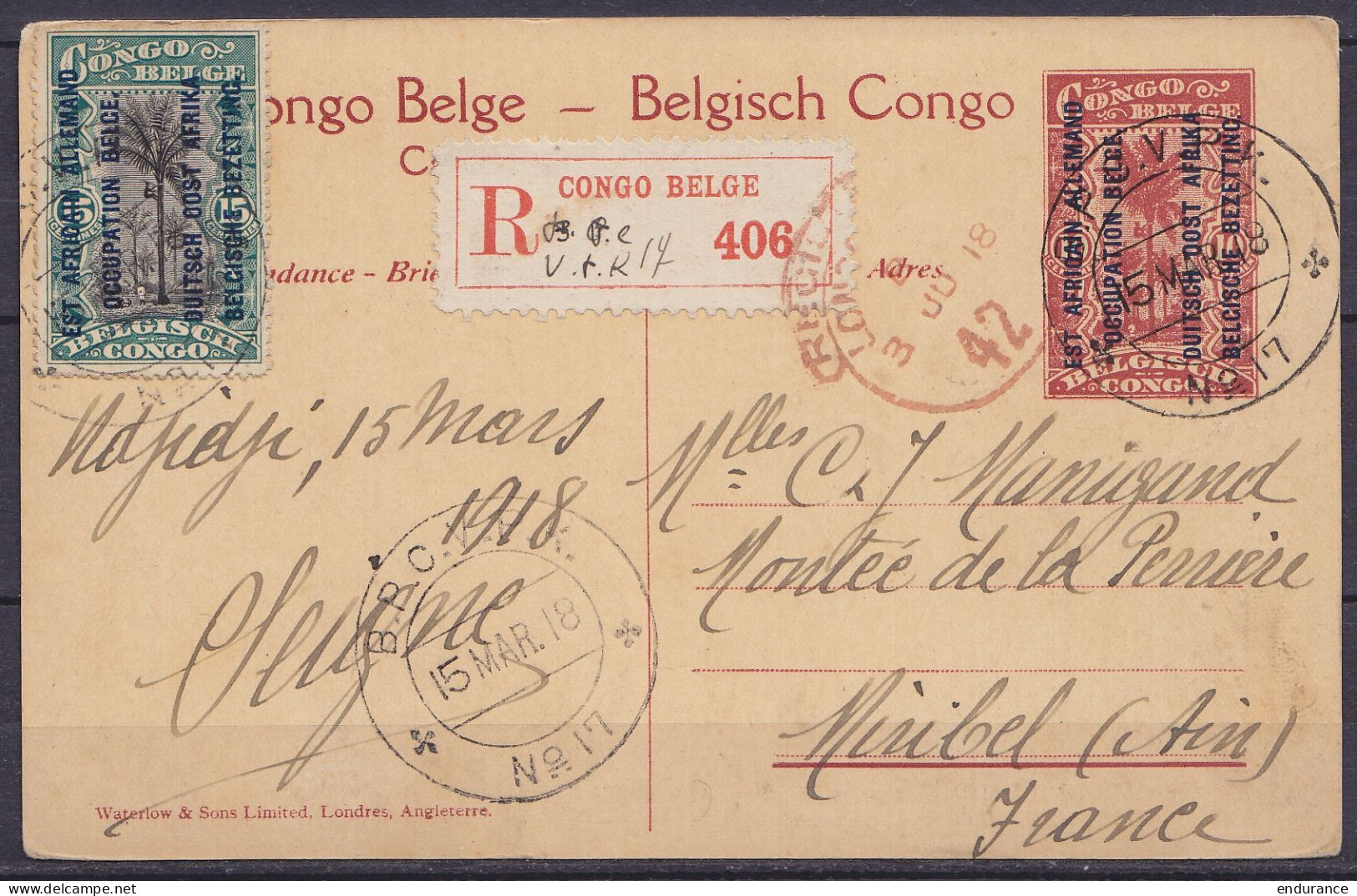 Est Africain Allemand Occupation Belge - EP CP 10c + 15c De UDJIDJI En Recommandé Càpt "B.P.C.V.P.K. /15 MAR.1918/ N°17" - Stamped Stationery