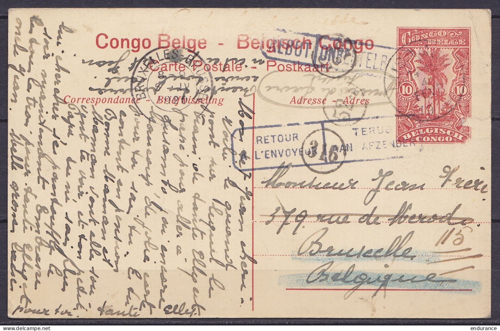 Congo Belge - EP CP "Chemin De Fer Du Bas Congo - Pont Sur La Pozo" 10c Orange Càd LUSAMBO /4 FEVR 1920 Pour BRUXELLES - - Postwaardestukken