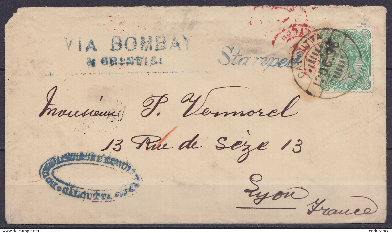 Inde - Env. Affr. 2a6p Càpt CALCUTTA /12 OC 1896 Pour LYON France - Griffes "VIA BOMBAY & BRINDISI" & "Stamped" (au Dos: - 1882-1901 Empire