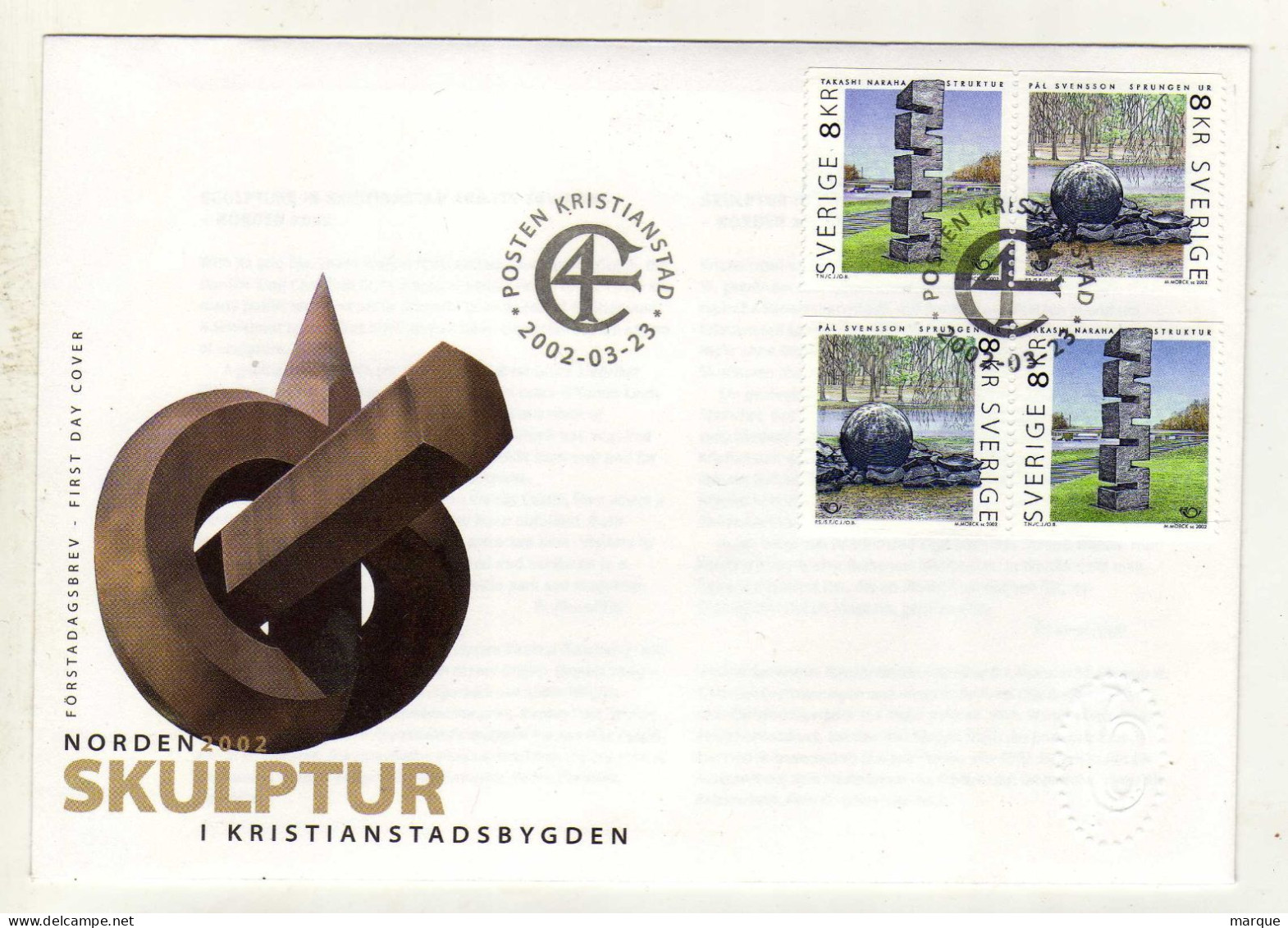 Enveloppe 1er Jour SUEDE SVERIGE Oblitération POSTEN KRISTIANSTAD 23/03/2002 - FDC