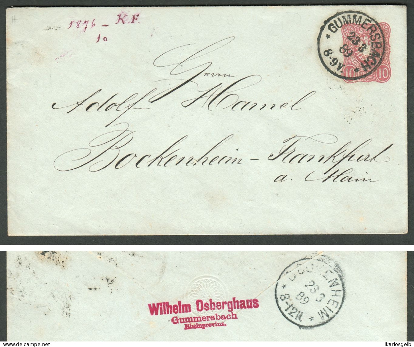 GUMMERSBACH 1898 Klarer Orts-o Auf GANZSACHE U12 Absender W.Osberghaus Heimatbeleg > Ffm Bockenheim - Enveloppes