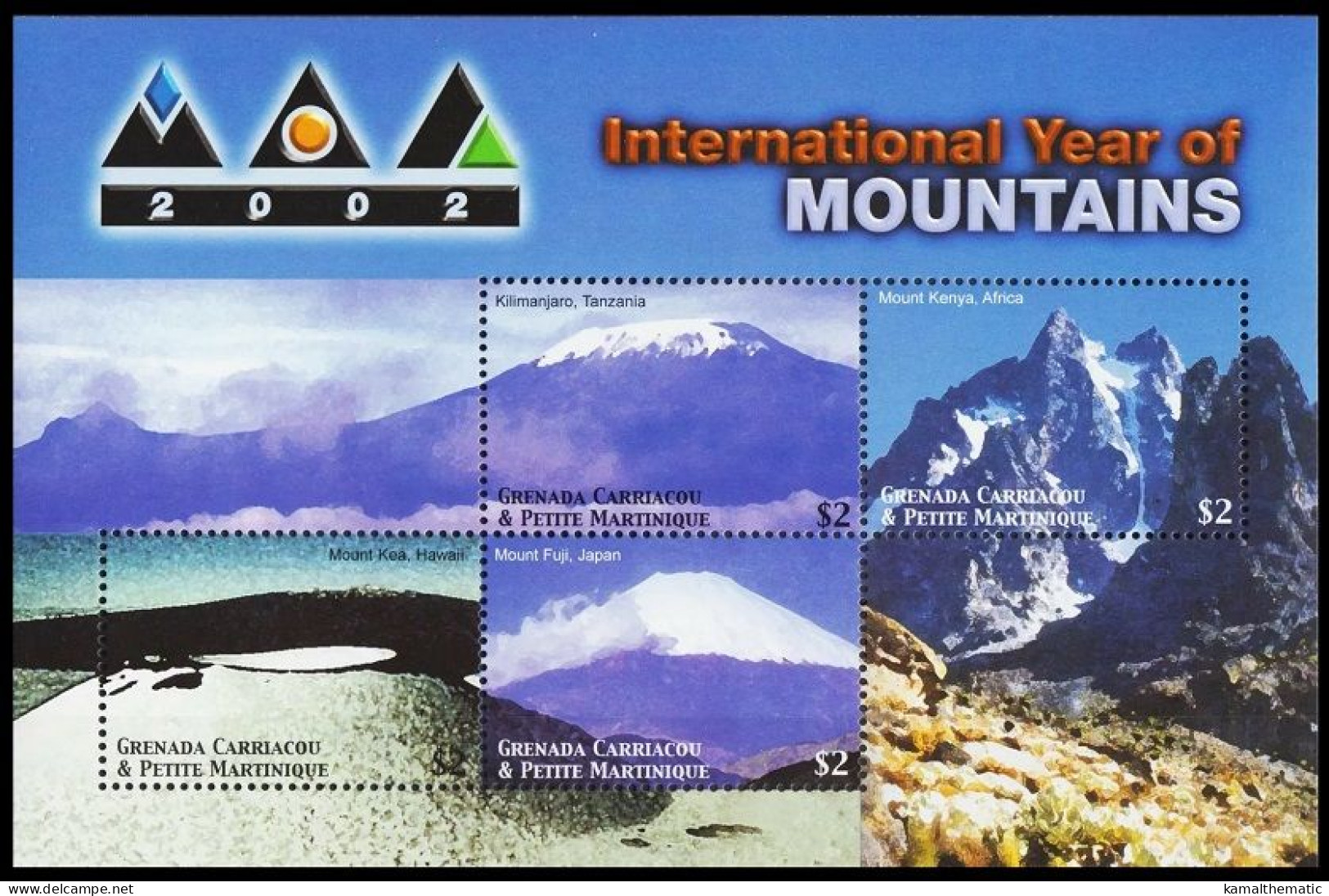 Grenada Ca & Pe Martinique 2002 MNH SS, Mountains Kilimanjaro, Fuji, Kenya, Kea, Volcanoes - Mountains