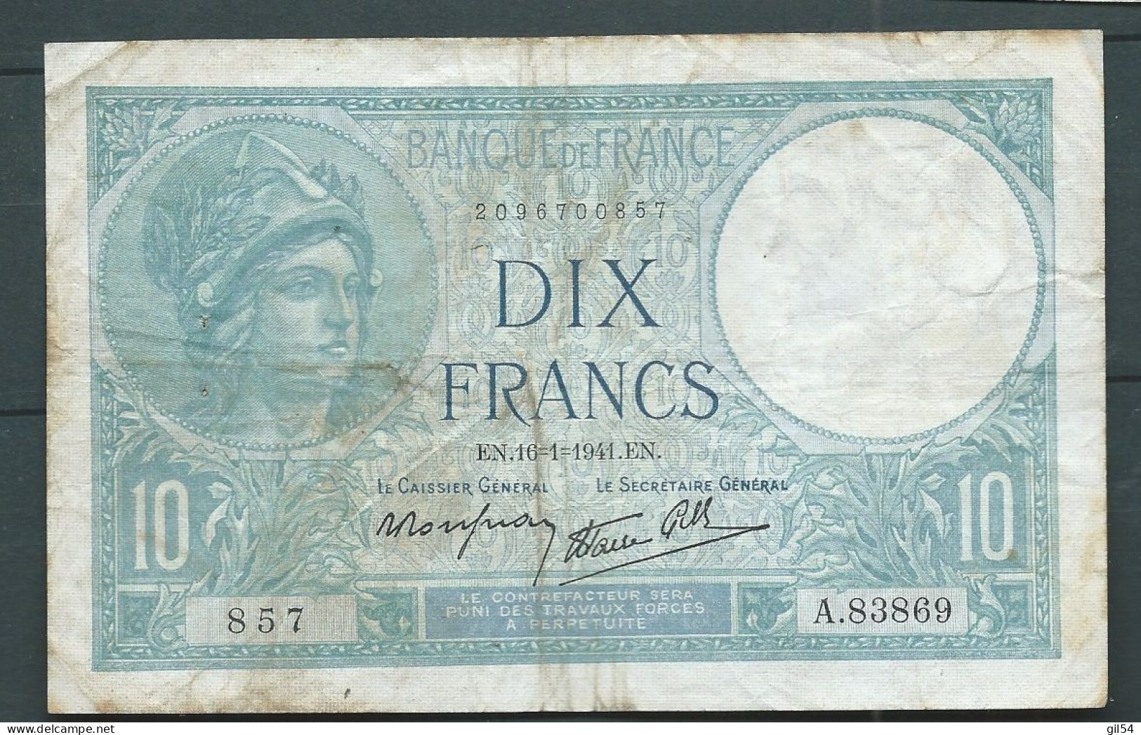 FRANCE /  BILLET 10 Francs, Minerve, 16/1/1941 -  857 A.83869 Laura 11004 - 10 F 1916-1942 ''Minerve''