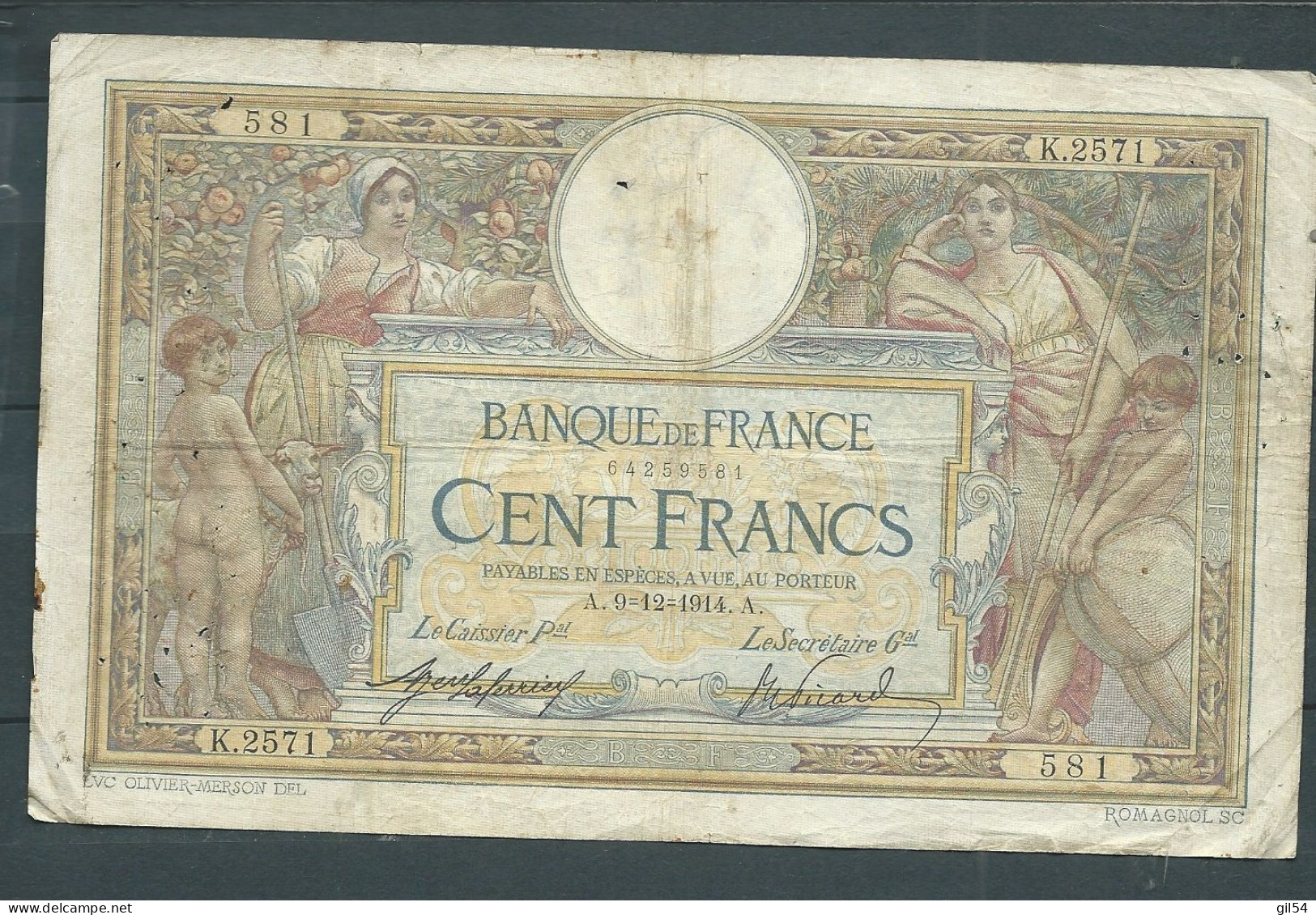 FRANCE /  BILLET  100 Francs, 1914 -  K.2571  /581 Laura 11005 - 100 F 1908-1939 ''Luc Olivier Merson''