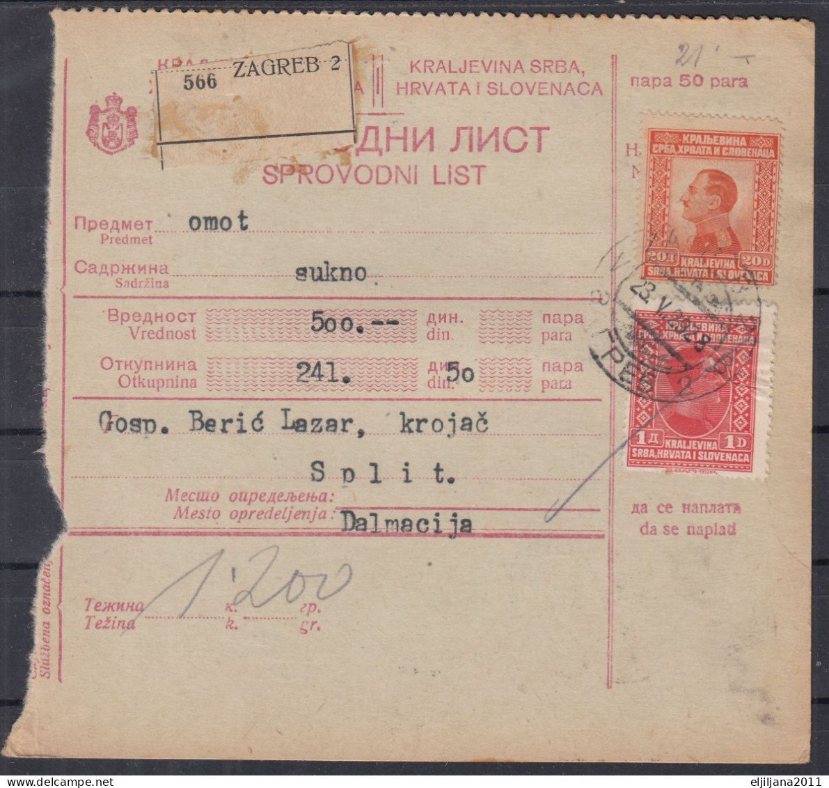⁕ Kingdom Of Yugoslavia 1928 ⁕ Parcel Post - Receipt ( Sprovodni List ) Sukno (cloth) ⁕ Zagreb To Split, Dalmatia - Brieven En Documenten