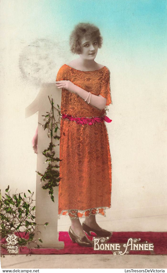FANTAISIE - Femme - Bonne Année - Robe Orange - Chiffre 1 - Carte Postale Ancienne - Women